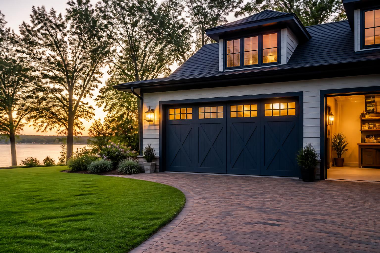 Modern Lake Wylie, SC home with a slate-blue carriage-style garage door at golden hour